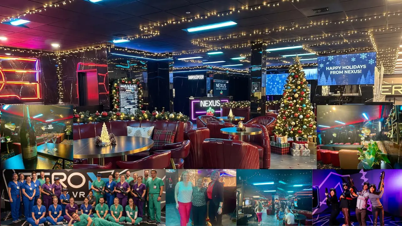 Teams enjoying food, drinks, and free-roam VR during a company holiday party at Nexus Lounge & VR in Rocklin